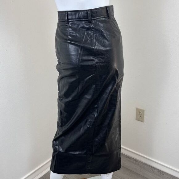 Zara Women Size XS Black Faux Leather Croc Embossed Slit Pencil Midi NEW Skirt - Picture 7 of 12